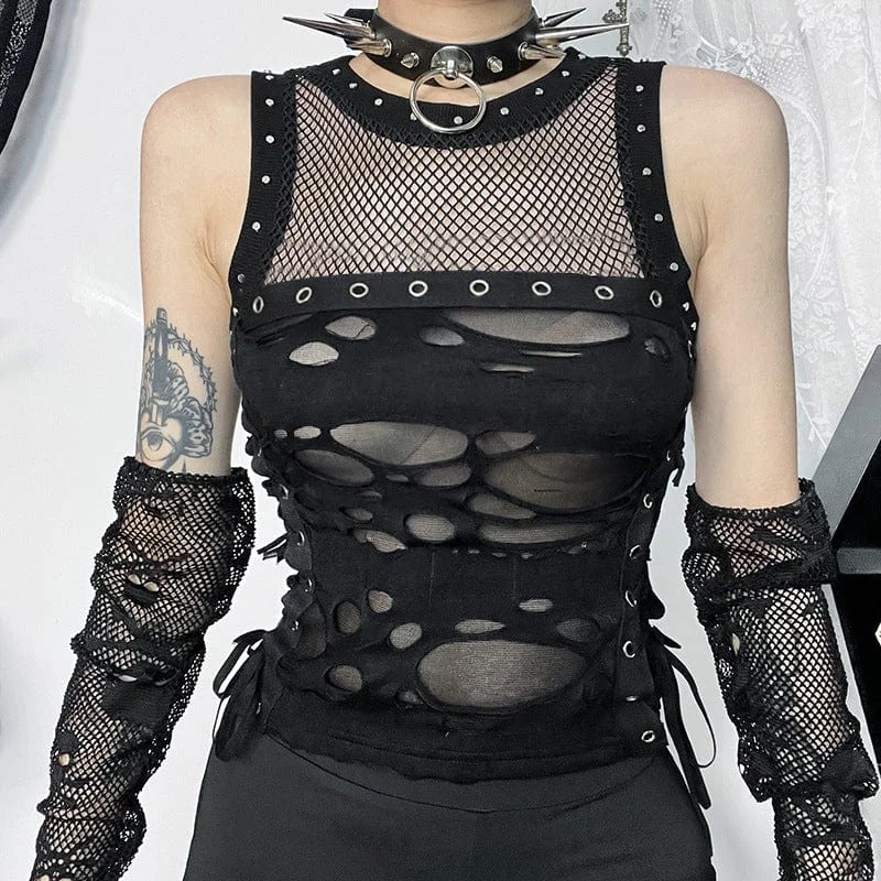 Women's Punk Ripped Mesh Splice Eyelet Tank Top