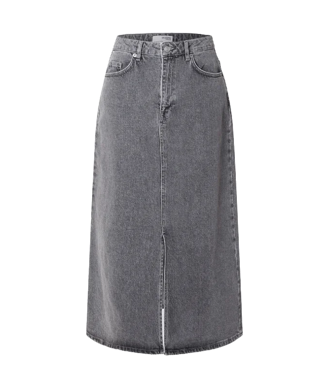 Denim Midi Skirt - Grey