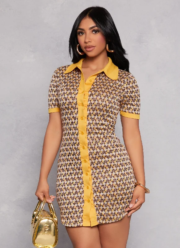 Contrast Trim Geo Print Shirt Dress