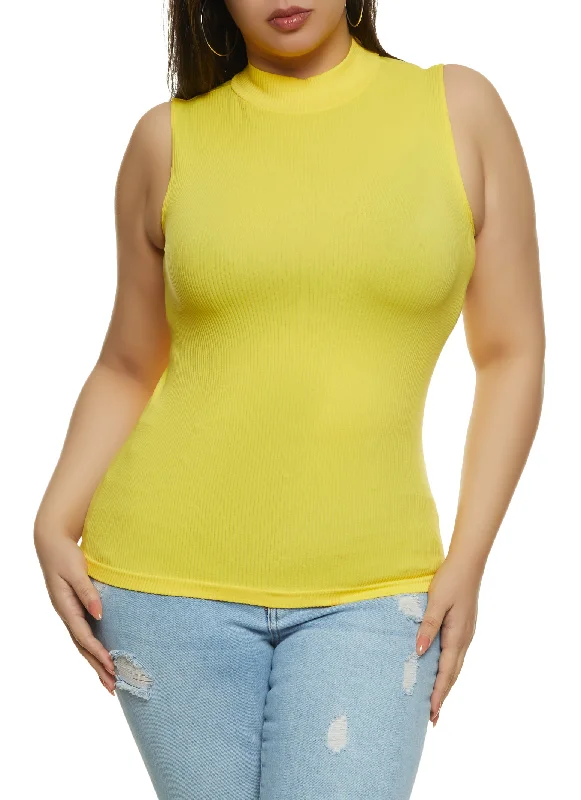 Plus Size Seamless Ribbed Knit Mock Neck Tank Top